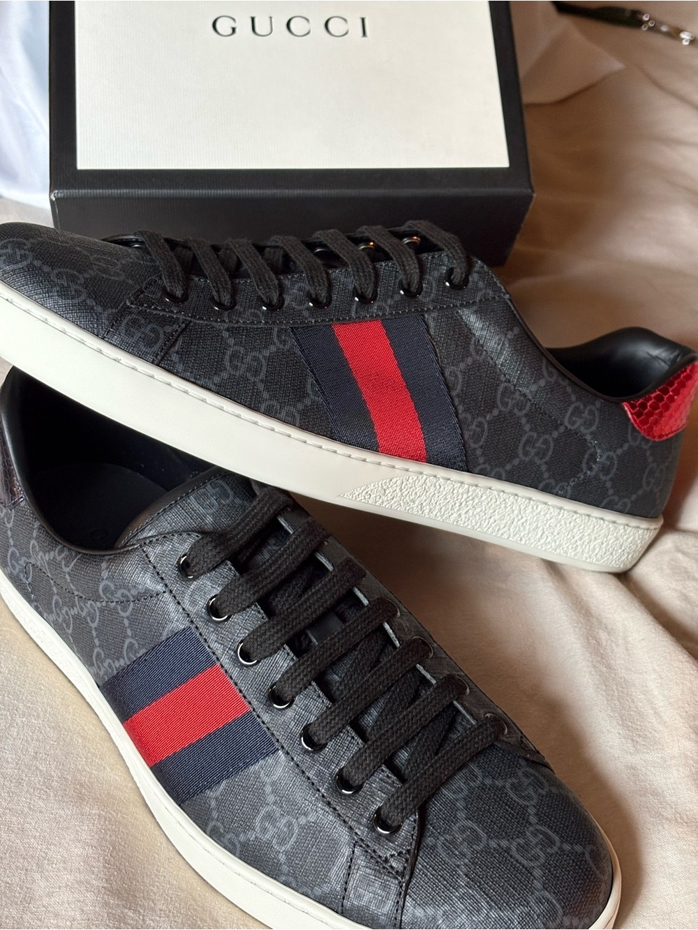 Gucci Black GG Canvas Low-Top Sneakers with Red & Navy Web Stripe